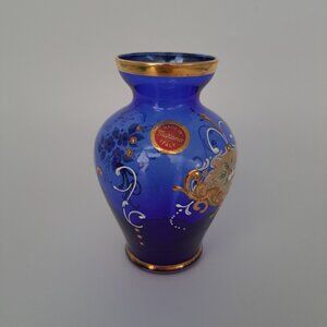 Vintage Murano Hand-Painted Cobalt Blue Glass Vase With Gold Accents & Floral De